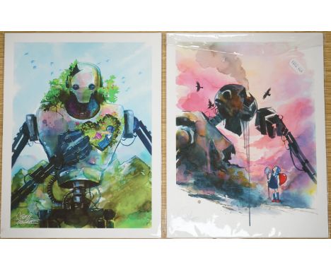 Lora Zombie Studio (contemporary), watercolour, Robot and young child, signed in silver pen,  28 x 21.5cm, unframed. Conditio