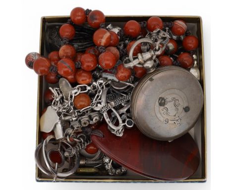 A mixed group of silver jewellery, including two charm bracelets, an Art Nouveau-style pendant; a pocket watch on chain; a pa