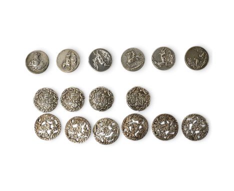 A set of 4 Edwardian cast silver buttons, decorated with a lady and gallant, Levi &amp; Salaman, Birmingham 1901, 27mm, a set