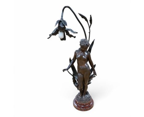 Auguste Moreau, a bronze figure of a nymph on a rouge marble base, later converted to a table lamp, 64cm high.Condition - goo
