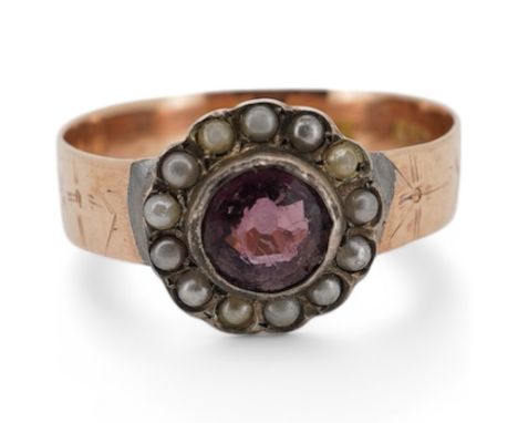 A late Victorian 9ct gold, paste and simulated seed pearl set circular cluster ring, size R, gross weight 2.4 grams. Conditio
