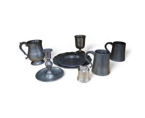 A group of pewter including an 18th century pewter plate dated 1737 on base. 23cm diameter, together with a Calibri silver mo