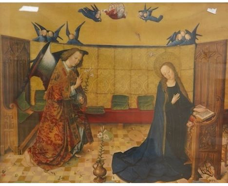 After Hans Memling, Religious lithograph on paper, ‘The Life of Mary, The Annunciation’, ornate gilt framed, 72 x 88cm. Condi