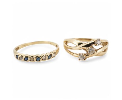 A modern 9ct gold and three stone cubic zirconia set crossover ring, size L, together with a 9ct gold and gem set half hoop r