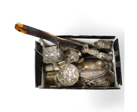 A group of assorted silver etc. including a mounted hand mirror and two brushes, two card cases (both a.f.), caddy spoon, fru