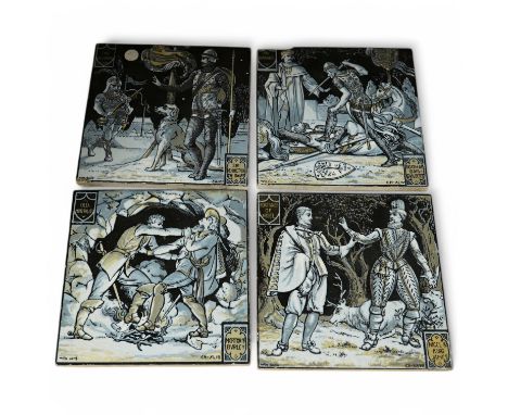 A set of four Minton tiles designed by John Moyr Smith (1839-1912), to include Nigel & King James and Sir Kenneth & the Dwarv