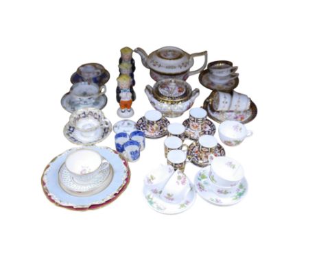 An English part teaset, c.1825 and six Royal Crown Derby coffee cans and saucers etc. Condition - some items cracked chipped 