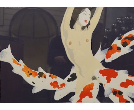 Ferry Bertholet (Dutch, b.1952), colour lithograph, Naked Japanese woman with six koi carp, signed and dated '86, limited edi
