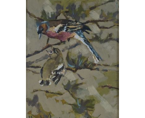 20th century, oil on board, Study of two birds on a branch, signed Edouard E R..?, 24 x 18cm. Condition - good
