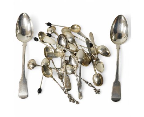 A pair of George IV silver fiddle pattern serving spoons, William Seaman, London, 1820, together with a collection of silver 
