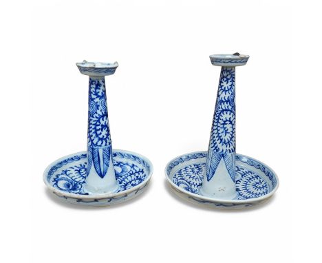 Two Chinese blue and white earthenware joss stick holders, tallest 27cm high. Condition - damage to top and bottom rims