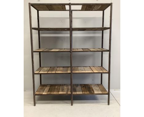 An industrial style wrought iron open shelf unit, width 154cm, depth 57cm, height 200cm. Condition - fair