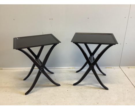 A pair of James Martin ebonised X frame lamp tables, width 55cm, depth 45cm, height 70cm. Condition - good
