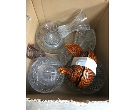 Box of glassware and ceramic chicken 