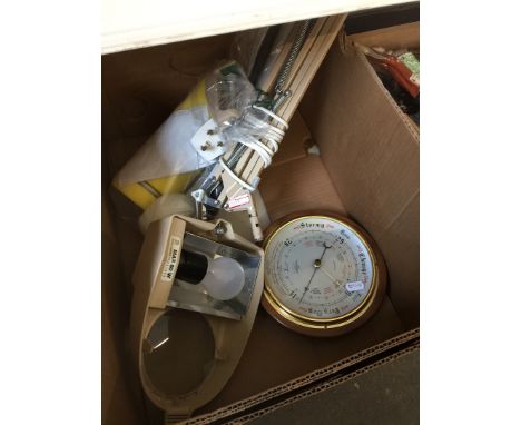 A box with barometer, angle poise lamps etc 