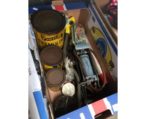 Box vintage garage items and tools 