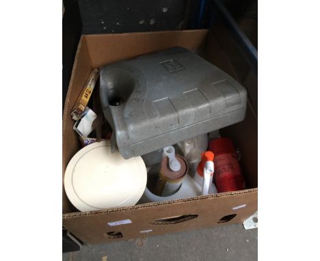 Box of tools and cleaning items 