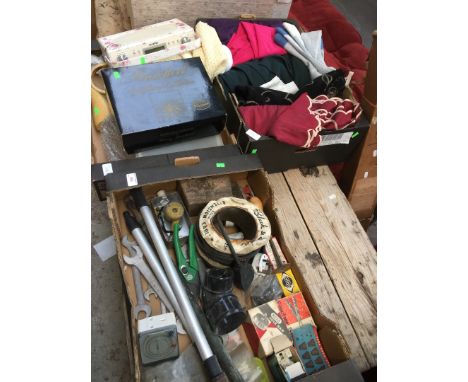 A box of material, a box with DAB tradio, glasses etc and a box of tools etc 