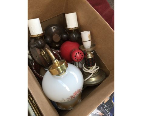 A box of light fittings, lamps, etc 