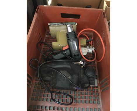 Box of power tools, planer, sander, heat gun 