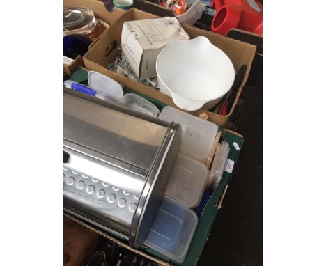 2 boxes containing kitchen items including kitchen scale, Brabantia bread bin, containers, little bottles, etc 