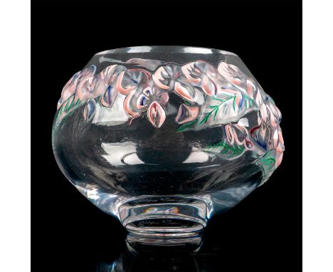 Having clear body of round form, colored enamel decor of raised flowers. Marked Lalique France to bottom. Dimensions: 5"W x 4