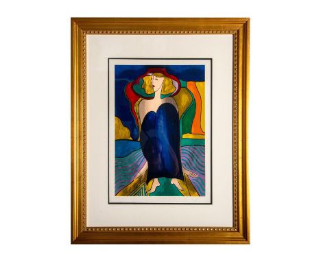 Color serigraph on wove paper entitled "Rue du Crepuscule" that depicts a woman with a wide brim hat made with vibrant colors
