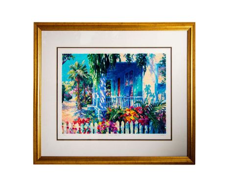 Large color lithograph on paper entitled "Summer Days III" made in a Romantic-Realist style. The quaint house is partially sh