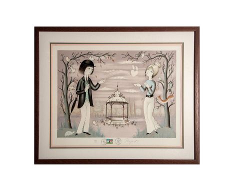 Color lithograph on wove paper by French illustrator and cartoonist Raymond Peynet titled Les Amoureux. It represents a poet 