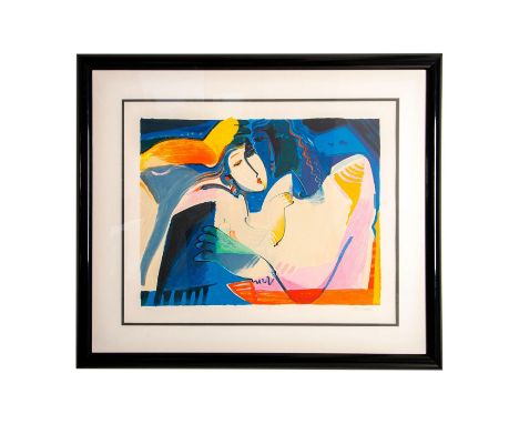 Sonnet II is a color serigraph on paper of an abstracted woman in bold colors by artist Ali Golkar. Signature in pencil on lo