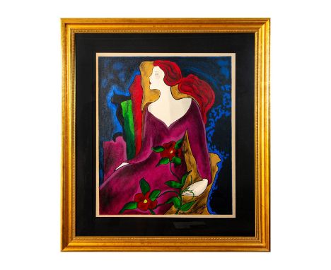 Color serigraph on wove paper entitled "La Debutante" that depicts a young woman in profile with a red hair ponytail delicate