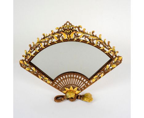 An impressive museum gold plated table mirror adorned with peridot glaze enamel leaves, and yellow topaz and amber crystals. 