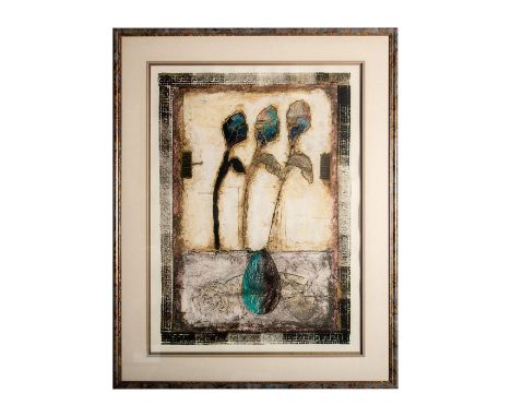 Eclipse is a large mixed media abstracted artwork on heavy paper made by Expressionist inspired artist T. L. Lange. Housed in