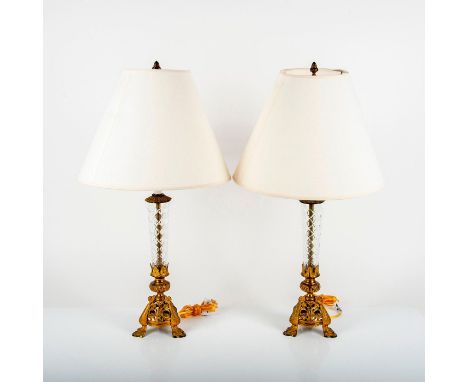 Classic geometric design cut on a glass part with ornate gilded brass bases. Each lamp measures 29"H including shades, shades