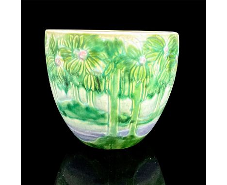 Roseville style planter with tree motif in green, blue and pink coloration. Dimensions: 9.5"H x 11" diaCondition: Age related