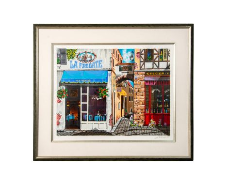 Color serigraph by Arkady Ostrilsky entitled "Cafe Lion" made with vibrant colors. The serigraph is set on woven paper. Signa