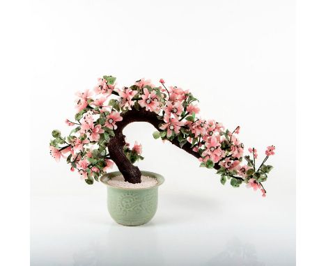 Large delicate oriental glass flowers bonsai tree. Cherry blossom pink florals with black and clear stamen and jade colored p