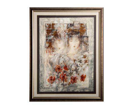 Color serigraph on wove paper entitled "Festival of Flowers I" that represents young ladies looking down with full bloom flow