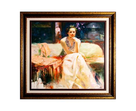 A Woman of Mystery is a large hand-embellished giclee on canvas by Contemporary Realist artist Pino. A woman dressed in a sle
