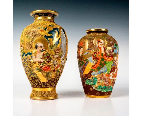 2 beautiful intricate hand painted vases accented with gilded-gold paint, depicting Japanese deities in colorful robes. Vase 