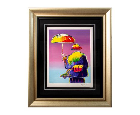 Color serigraph on wove paper entitled "Umbrella Man" that depicts a man seen from the back, holding an umbrella. The composi