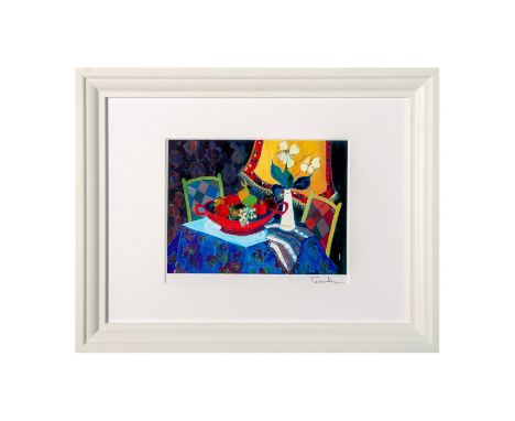 Seriolithograph on paper entitled "Too cold at Home" that represents an intimate view of a decorated table with colorful frui