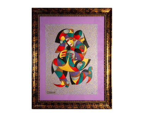 Color serigraph on wove paper of "Running Jester" representing a colorful jester paying the trumpet in geometric and organic 