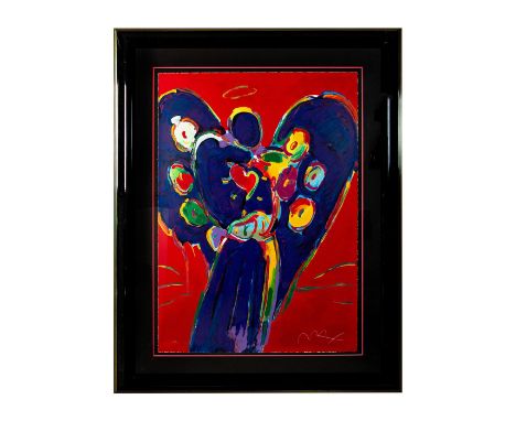 Color serigraph on wove paper titled "Angel with Heart on Red" that depicts a dark blue angel with a halo and wings in the sh
