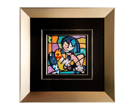 Vibrant 3-dimensional double layered serigraph with elevated cut-outs and smooth glass parts, glitter, and buttons glued onto