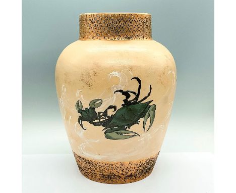 A sandy-color ground vase, depicting hand painted green crabs and gilded bands with carved patterns. Artist initials and Rook