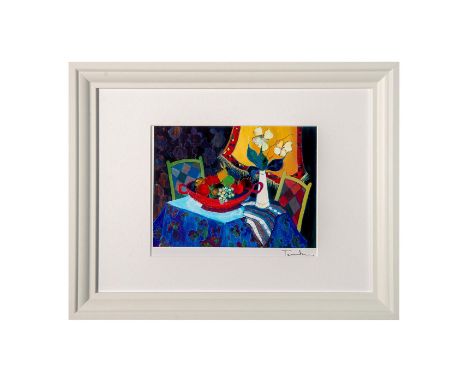 Seriolithograph on paper entitled "Too cold at Home" that represents an intimate view of a decorated table with colorful frui