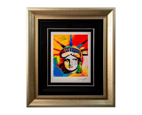 Color serigraph on wove paper of "Liberty Head VIII" depicting the face of the Statue of Liberty in bright colors of oranges,