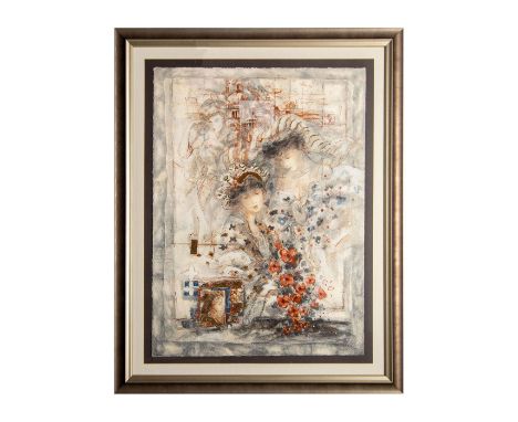 Color serigraph on wove paper entitled "Festival of Flowers II" that represents young ladies encircled in lovely floating flo