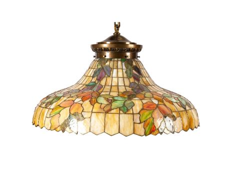 A 7-bulb light fixture with an impressive floral shade in vibrant colors. The shade is to resemble stained glass. Dimensions:
